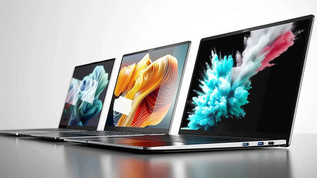 A row of laptops on a table with colourful screens