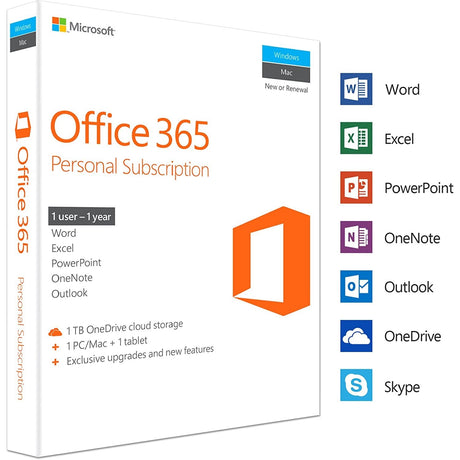 Microsoft Office 365 Personal | 1 Device | 1 Year | PC/Mac | Box