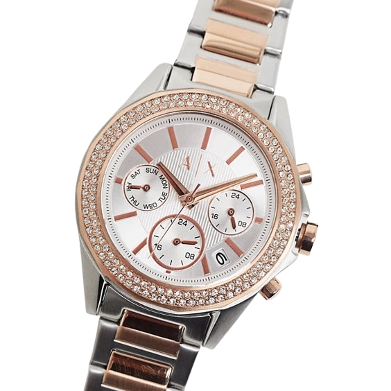 Armani Exchange AX5653 Lady Drexler Two Tone Chronograph Watch, Silver/Rose Gold