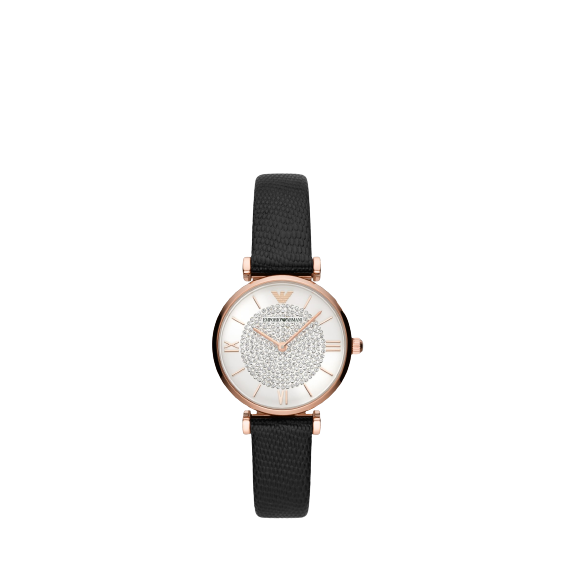 Emporio Armani AR11387 Women's Crystal Leather Strap Watch, Rose Gold / Black