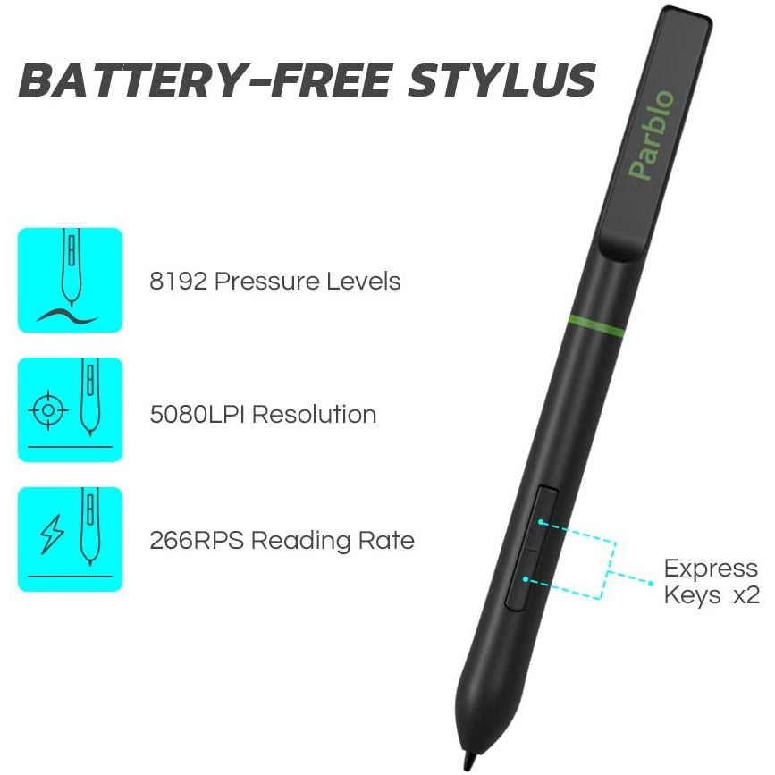 Parblo A640 V2 6x4 Inch Graphics Tablet with 8192 Levels Pressure Battery-Free Stylus Pen for Digital Artwork