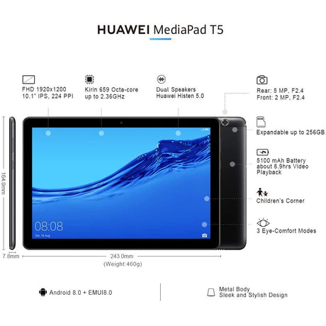 Huawei MediaPad T5 - 10.1” Android 8.0 Tablet, 1080P Full HD Display, Kirin 695 Octa-Core Processor, RAM 2GB, ROM 16GB, Black