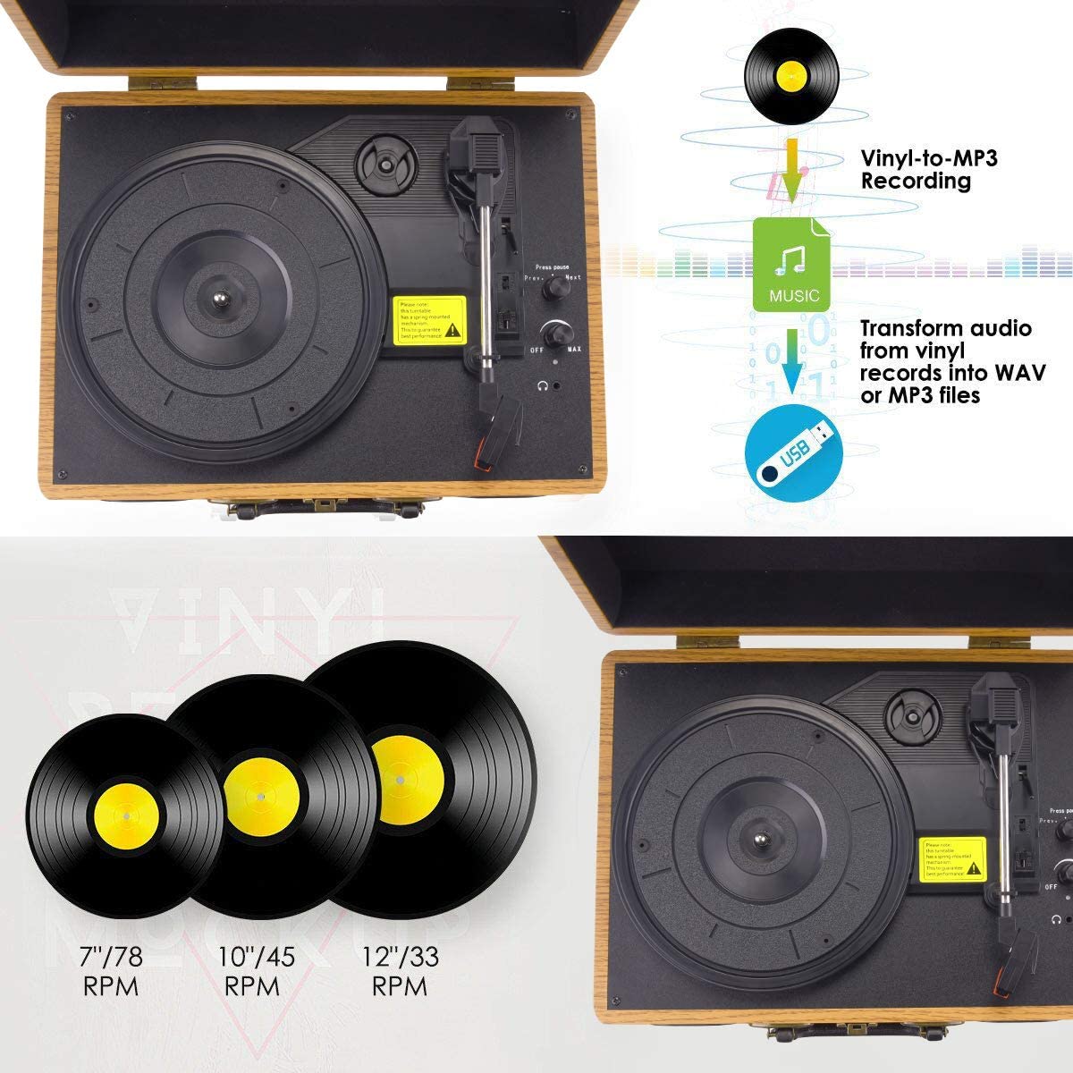 Viflyroo Record Player Vinyl Turntable with 3-speed 33/45/78 RPM Bluetooth Vinyl LP Player Built-in 2 speakers