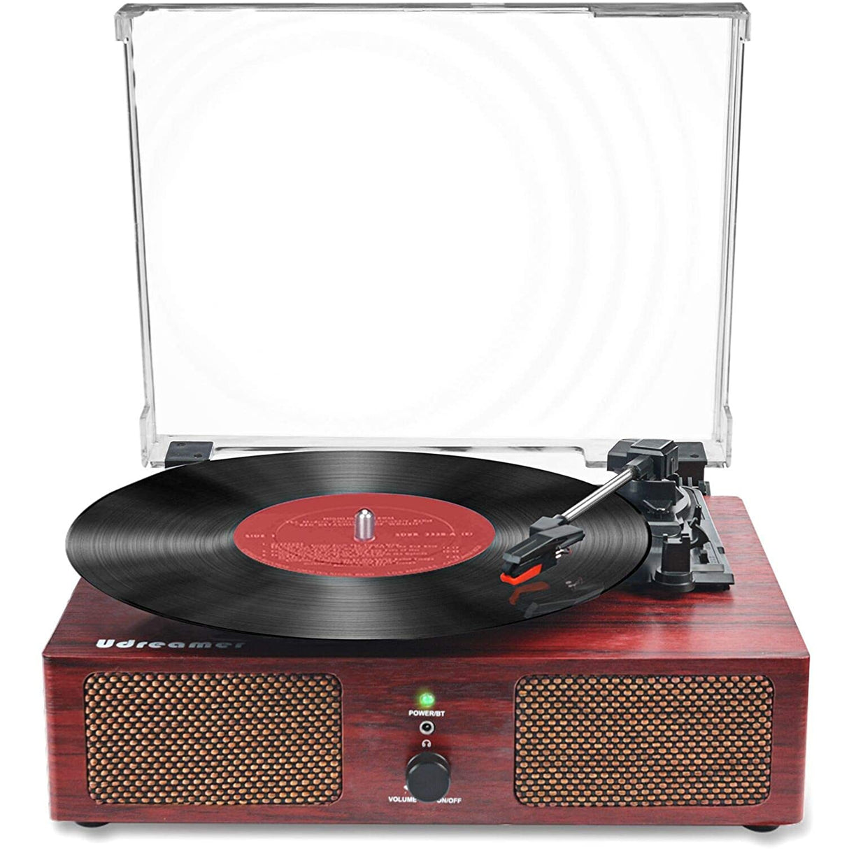 Udreamer Vinyl Record Player Bluetooth Turntable with Built-in Speakers, Brown / Claret