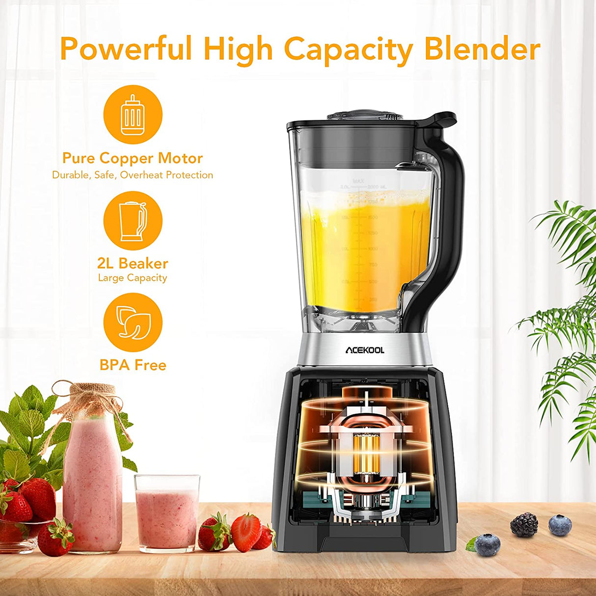 Acekool BC2 Blender Jug Smoothie Maker 2L Led Display 1500W Low Voice 25,000 RPM