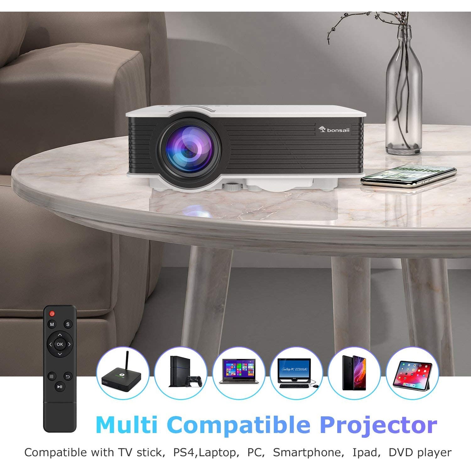 Movie Projector Bonsaii Portable Outdoor Projector Support Full HD 108