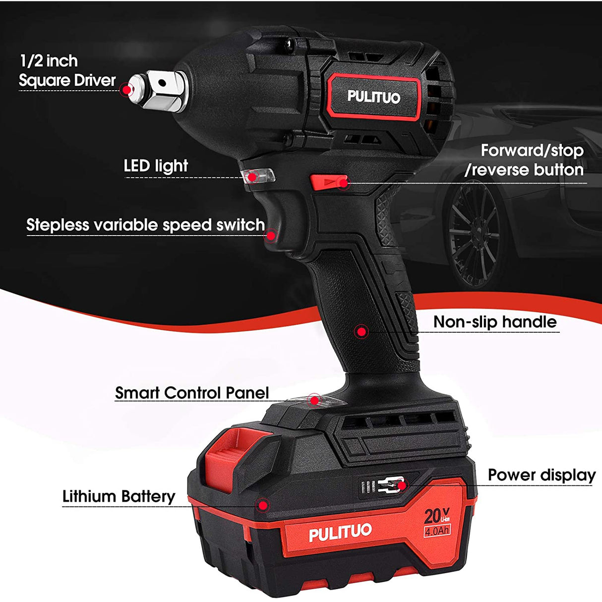 Pulituo 20V Cordless Impact Wrench, 4.0Ah Li-Ion Battery, Max 300 Torque ft-lbs, Black