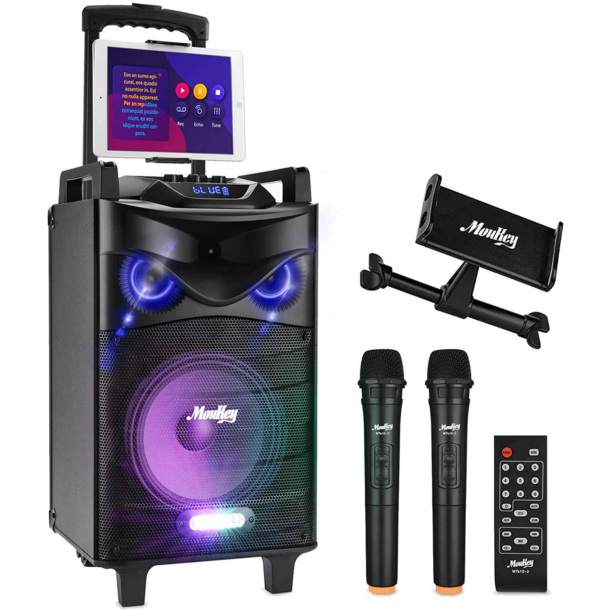 Moukey MTs10-2 Portable PA Speaker System Bluetooth Karaoke Machine Power 160W 10" with Wireless Microphones x2