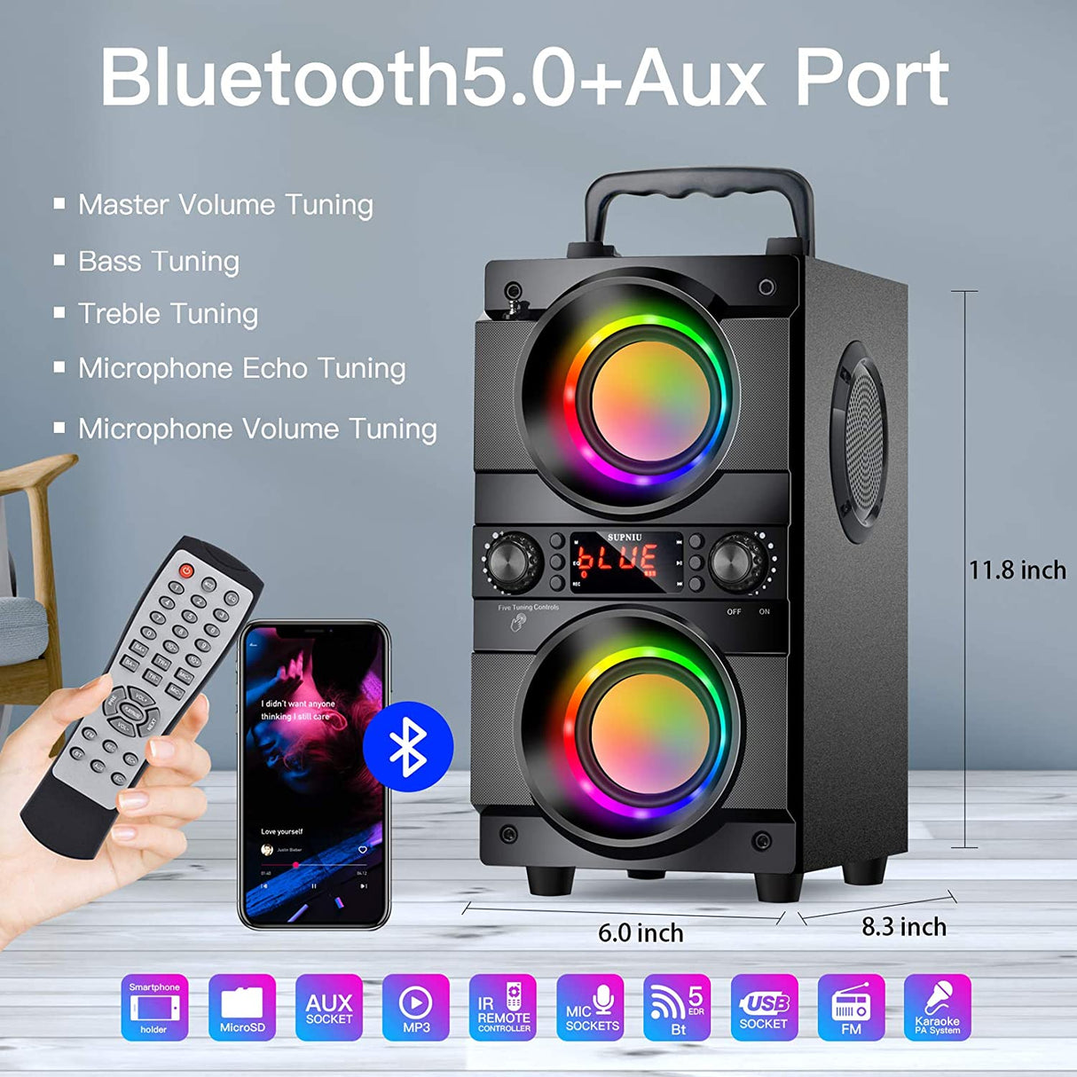 SUPNIU Portable Bluetooth speaker with Double Subwoofer Heavy Bass, Bluetooth 5.0 Wireless