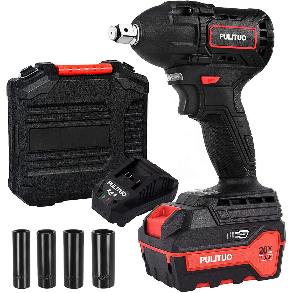 Pulituo 20V Cordless Impact Wrench, 4.0Ah Li-Ion Battery, Max 300 Torque ft-lbs, Black