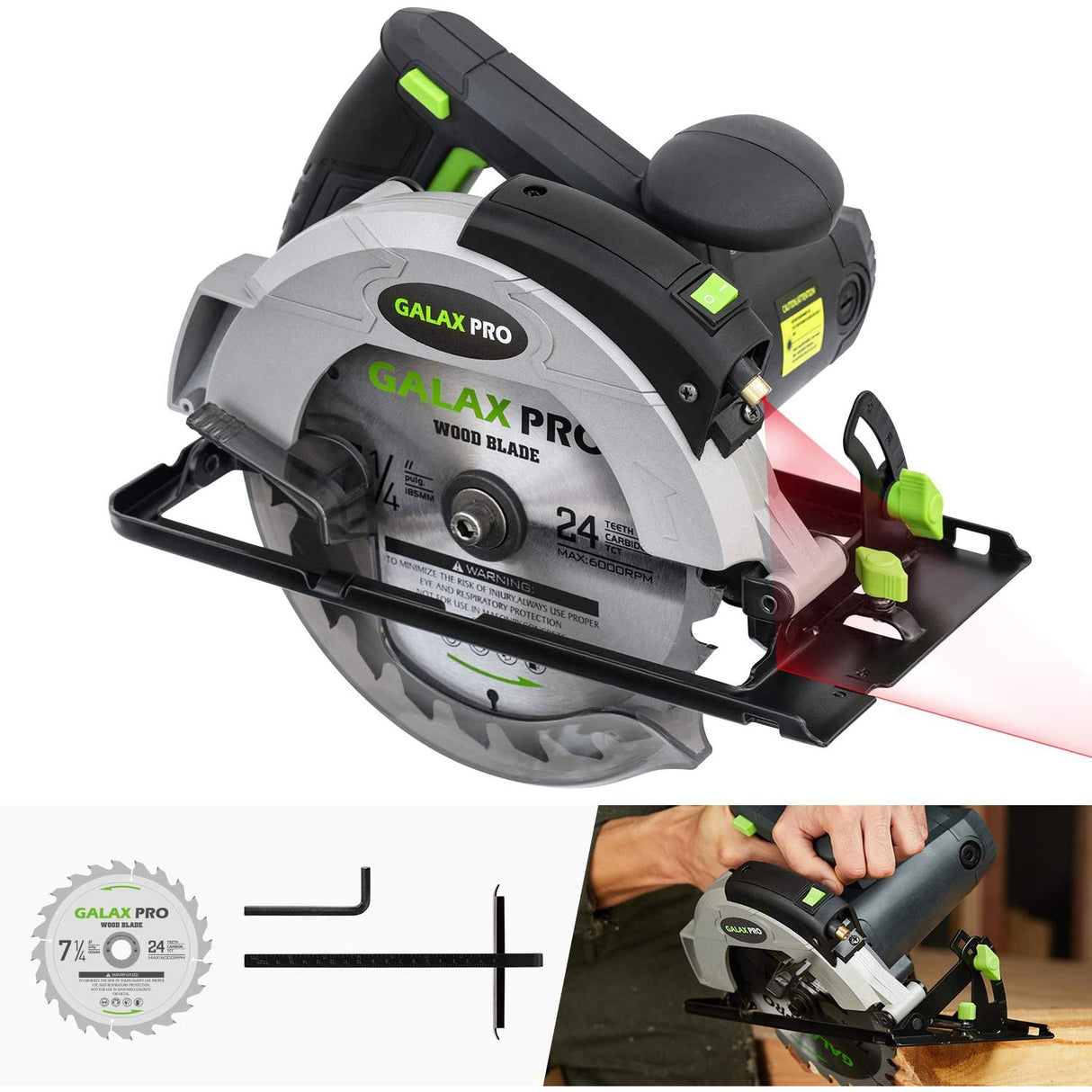 Galax Pro 76321L 1400W 5500RPM Circular Saw, Electric Saw with Laser, Adjustable Cutting Depth and Angle: 46mm (45°) - 62mm (90°)